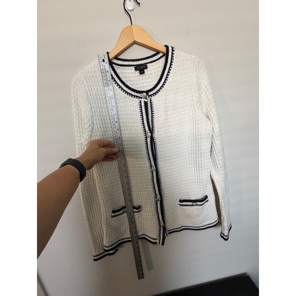 J Jill Wearever White Navy Textured Knit Cardigan Sweater S Tall Nautical - Picture 5 of 15